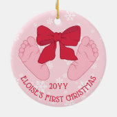 Pink Bow Baby Feet Photo Daughter First Christmas セラミックオーナメント (裏面)