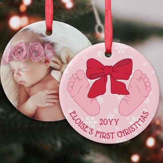 Pink Bow Baby Feet Photo Daughter First Christmas セラミックオーナメント