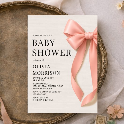 Pink Bow Baby Girl Baby Shower 招待状