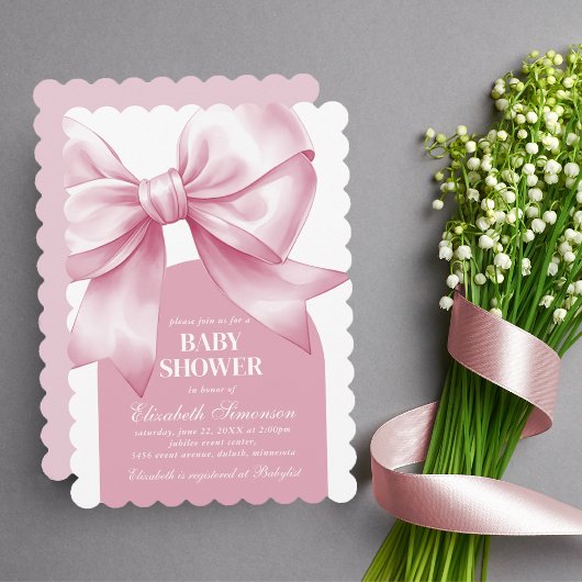 Pink Bow Baby Girl Elegant Baby Shower 招待状