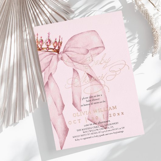  Pink Bow Baby Girl Shower 箔招待状