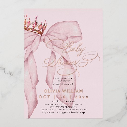  Pink Bow Baby Girl Shower 箔招待状 (正面)