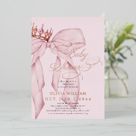 Pink Bow Baby Girl Shower 箔招待状 (立ち正面)