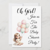 Pink Bow Baby Girl Shower Party with balloons  招待状 (正面)