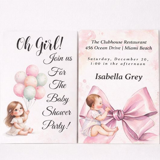 Pink Bow Baby Girl Shower Party with balloons  招待状