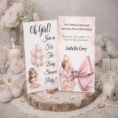 Pink Bow Baby Girl Shower Party with balloons  招待状