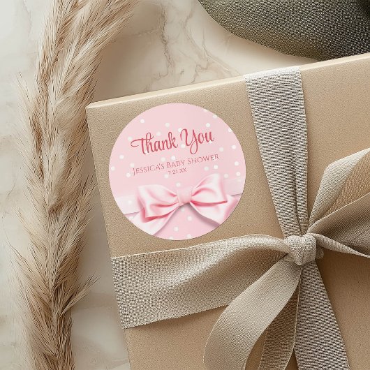 Pink Bow Baby Girl with Polka Dot ラウンドシール