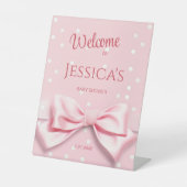 Pink Bow Baby Girl with Polka Dot Welcome Sign 台座サイン (正面)