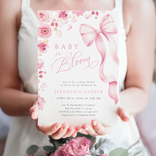 Pink Bow Baby In Bloom Baby Shower Invitation  招待状