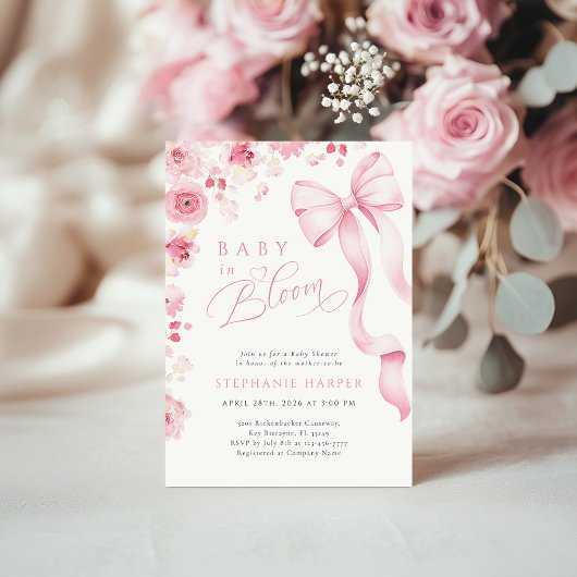 Pink Bow Baby In Bloom Baby Shower Invitation  招待状