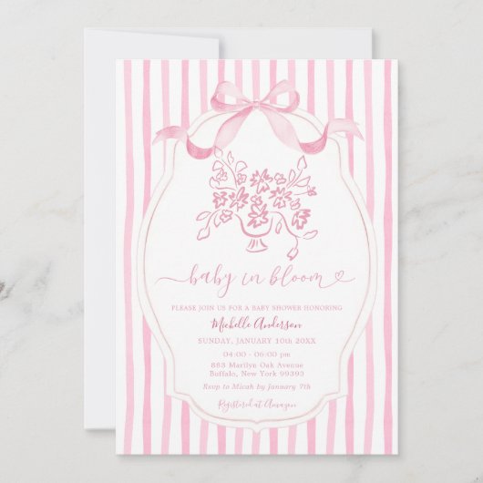 Pink Bow Baby in Bloom Baby Shower Invitation 招待状 (正面)