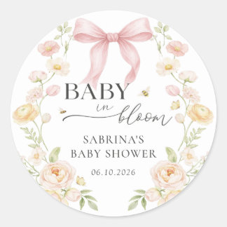 Pink Bow Baby In Bloom Baby Shower Sticker ラウンドシール