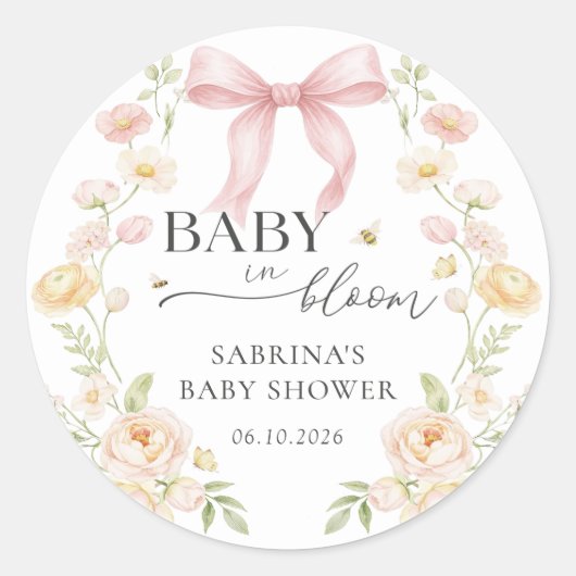 Pink Bow Baby In Bloom Baby Shower Sticker ラウンドシール (正面)