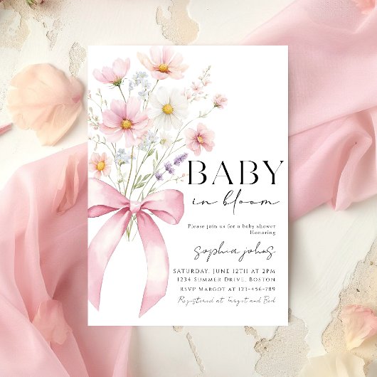 Pink Bow Baby in Bloom Girl Baby Shower 招待状
