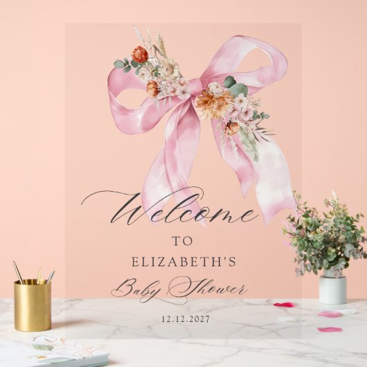 Pink Bow Baby in Bloom Girl Baby Shower Welcome アクリルサイン (ウェディング)