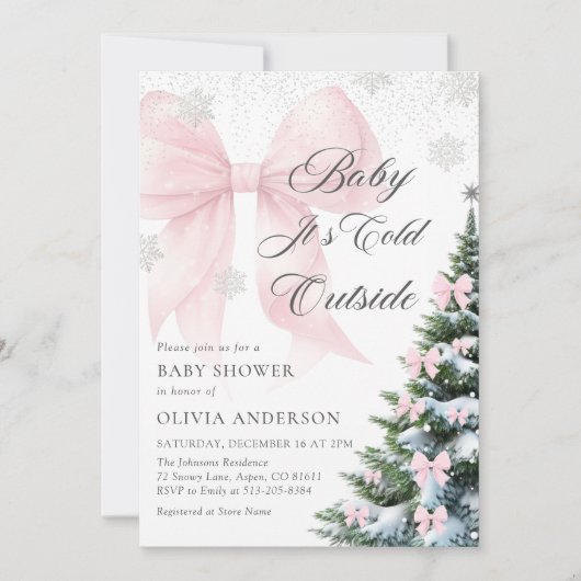 Pink Bow Baby It's Cold Outside Baby Shower 招待状 (正面)