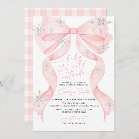 Pink Bow Baby It's Cold Outside Baby Shower 招待状 (正面/裏面)