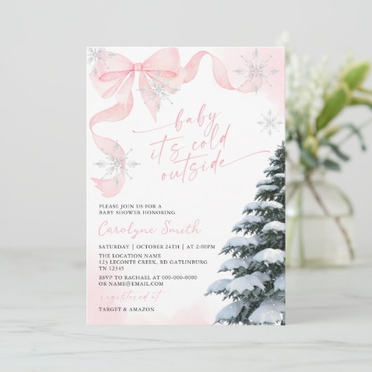 Pink Bow Baby It's Cold Outside Baby Shower 招待状 (スタンド正面)