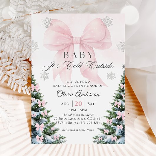 Pink Bow Baby It's Cold Outside Baby Shower Invit 招待状
