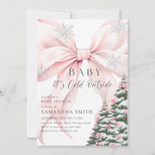Pink Bow Baby It's Cold Outside Baby Shower Invite (正面)