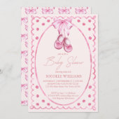 Pink bow baby shoes coquette elegant baby shower 招待状 (正面/裏面)