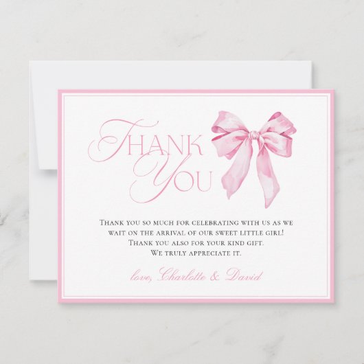 Pink Bow Baby Shower サンキューカード (正面)
