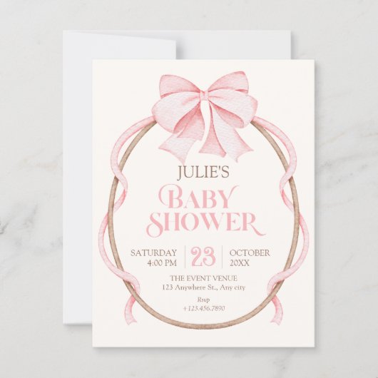 Pink bow baby shower 招待状 (正面)