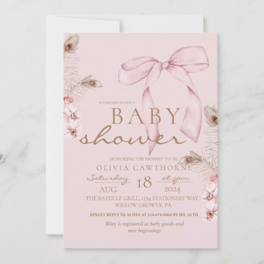 Pink Bow Baby Shower Blush Pink 招待状 (正面)