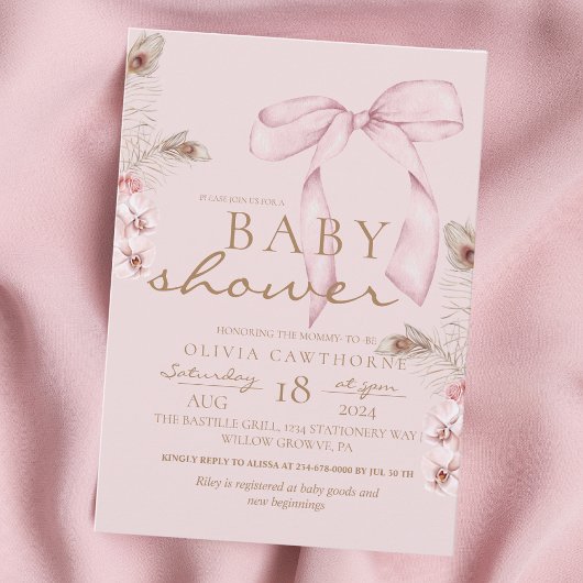Pink Bow Baby Shower Blush Pink 招待状