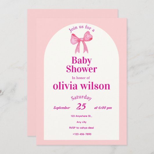 Pink Bow Baby Shower.elegant baby shower. 招待状 (正面/裏面)