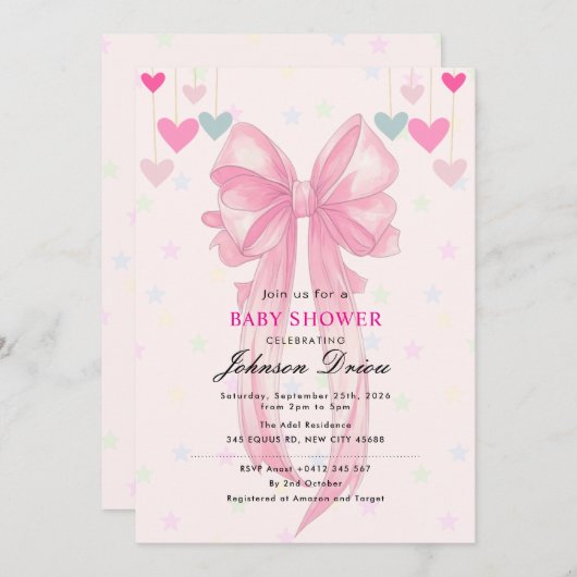 Pink Bow Baby Shower | Elegant Watercolr 招待状 (正面/裏面)