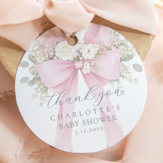 Pink Bow Baby Shower floral Thank you フェイバータグ