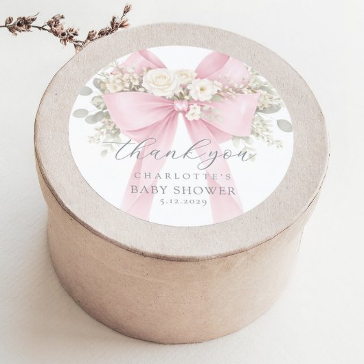 Pink Bow Baby Shower floral Thank you ラウンドシール