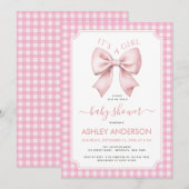Pink Bow Baby Shower Gingham Plaid It's a Girl  招待状 (正面/裏面)