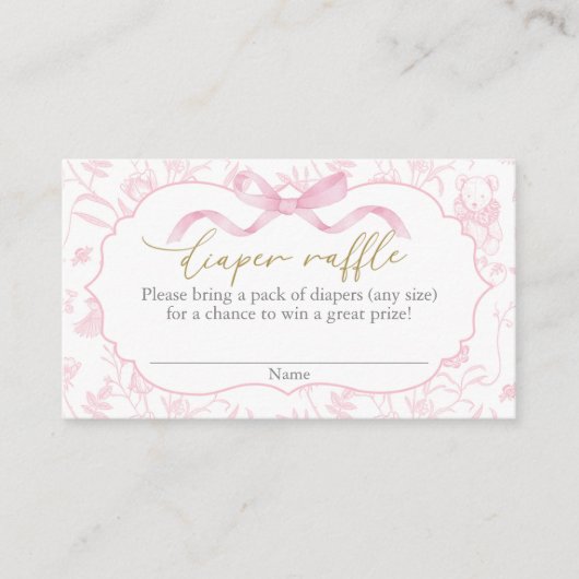 Pink Bow Baby Shower Girl Diaper Raffle エンクロージャーカード (正面)