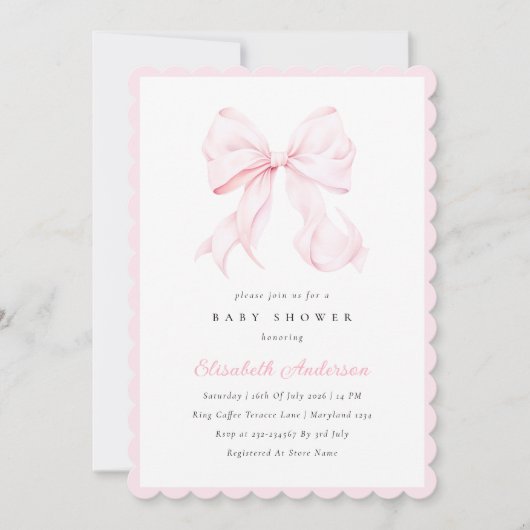 Pink Bow Baby Shower Invitation 招待状 (正面)