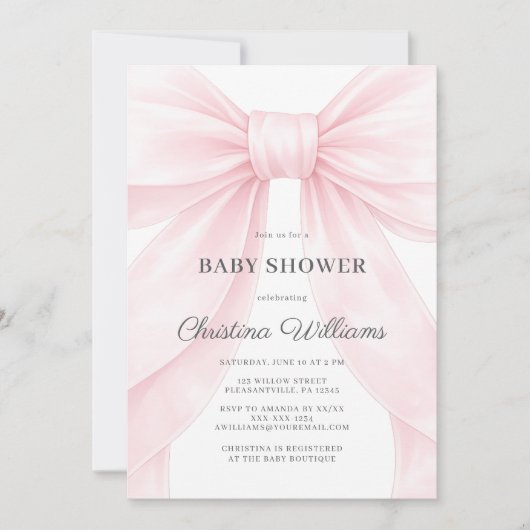 Pink Bow Baby Shower Invitation 🎀💕 招待状 (正面)