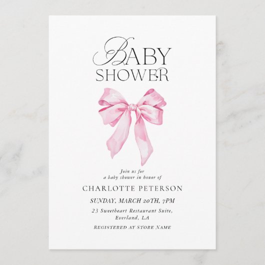 Pink Bow Baby Shower Invitation 招待状 (正面)