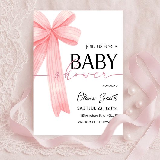 Pink Bow Baby Shower Invitation 招待状