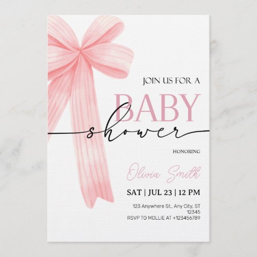 Pink Bow Baby Shower Invitation 招待状 (正面)