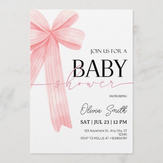 Pink Bow Baby Shower Invitation 招待状 (正面)