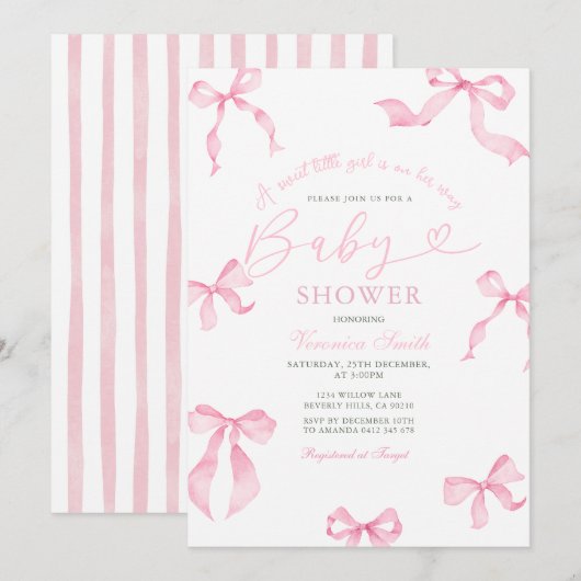 Pink Bow Baby Shower Invitation 招待状 (正面/裏面)