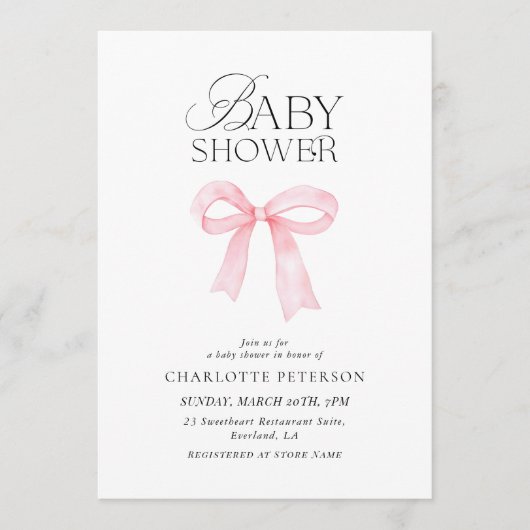 Pink Bow Baby Shower Invitation 招待状 (正面)