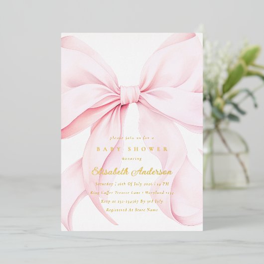 Pink Bow Baby Shower Invitation 箔招待状 (立ち正面)