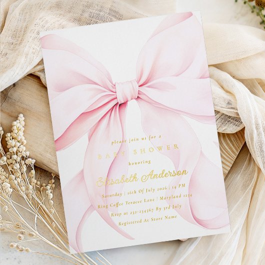 Pink Bow Baby Shower Invitation 箔招待状