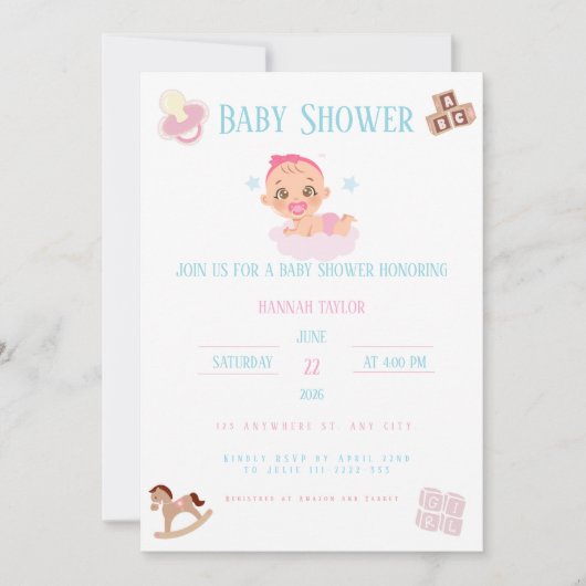 Pink Bow Baby Shower Invitation Customizable 招待状 (正面)