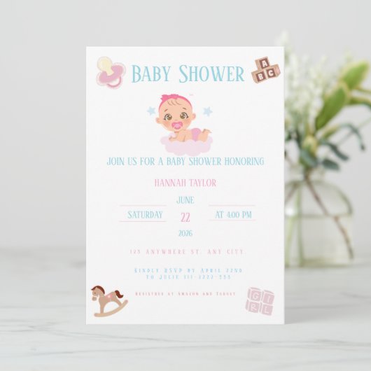 Pink Bow Baby Shower Invitation Customizable 招待状 (スタンド正面)