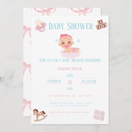 Pink Bow Baby Shower Invitation Customizable 招待状 (正面/裏面)
