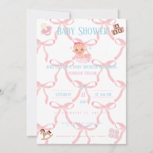 Pink Bow Baby Shower Invitation Customizable 招待状 (正面)