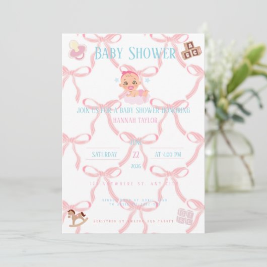 Pink Bow Baby Shower Invitation Customizable 招待状 (スタンド正面)